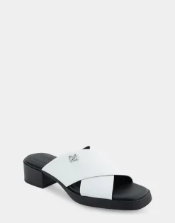 Comfortable Women's Crisscross Slip On Low Block Heel Sandal in White Faux Leather