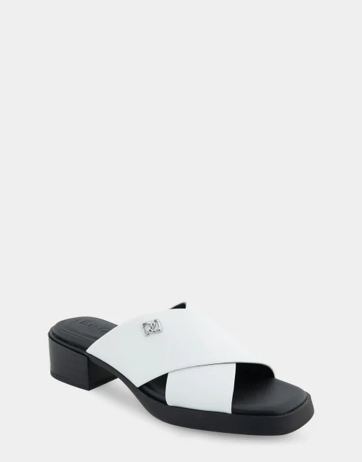 Comfortable Women's Crisscross Slip On Low Block Heel Sandal in White Faux Leather