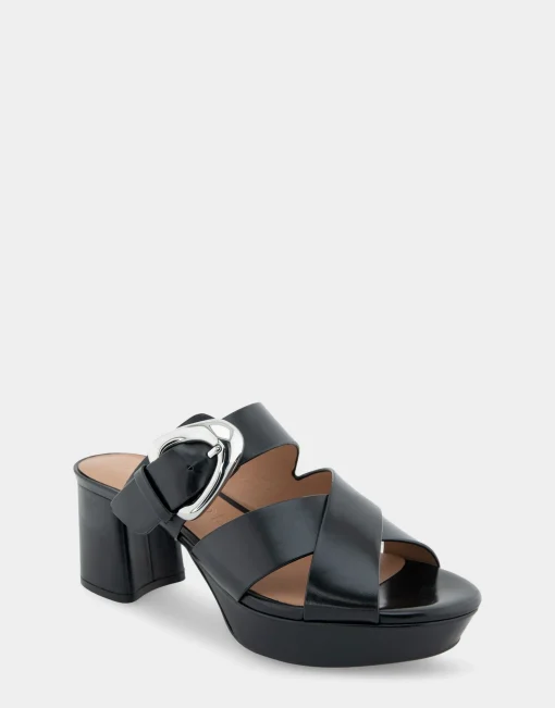 Comfortable Women's Crisscross Platform Slide Sandal in Black Leather