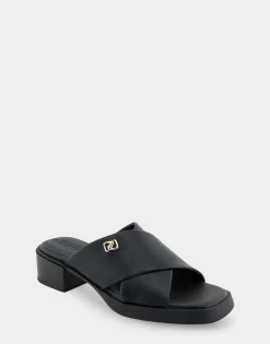 Comfortable Women's Crisscross Slip On Low Block Heel Sandal in Black Faux Leather