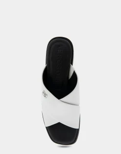 Comfortable Women's Crisscross Slip On Low Block Heel Sandal in White Faux Leather