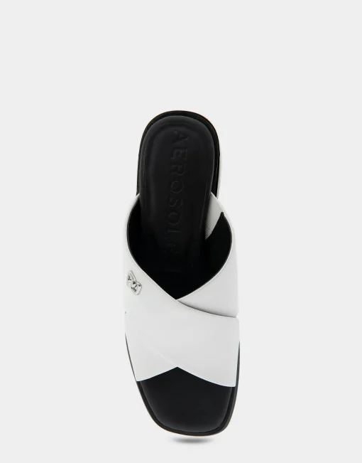 Comfortable Women's Crisscross Slip On Low Block Heel Sandal in White Faux Leather