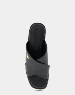 Comfortable Women's Crisscross Slip On Low Block Heel Sandal in Black Faux Leather