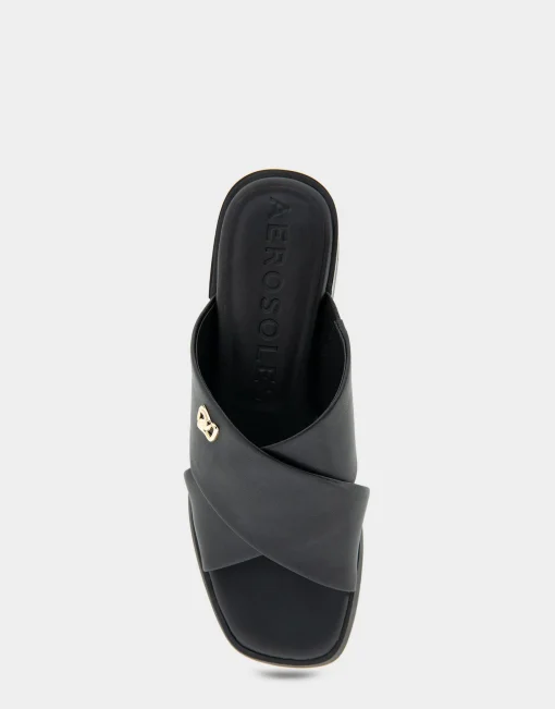 Comfortable Women's Crisscross Slip On Low Block Heel Sandal in Black Faux Leather