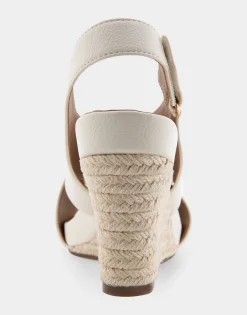 Comfortable Women's Crisscross Velcro Back Footbed Wedge Sandal in Eggnog Faux Leather Faux Suede