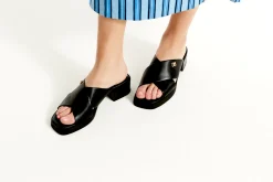 Comfortable Women's Crisscross Slip On Low Block Heel Sandal in Black Faux Leather
