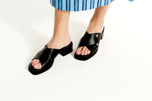 Comfortable Women's Crisscross Slip On Low Block Heel Sandal in Black Faux Leather