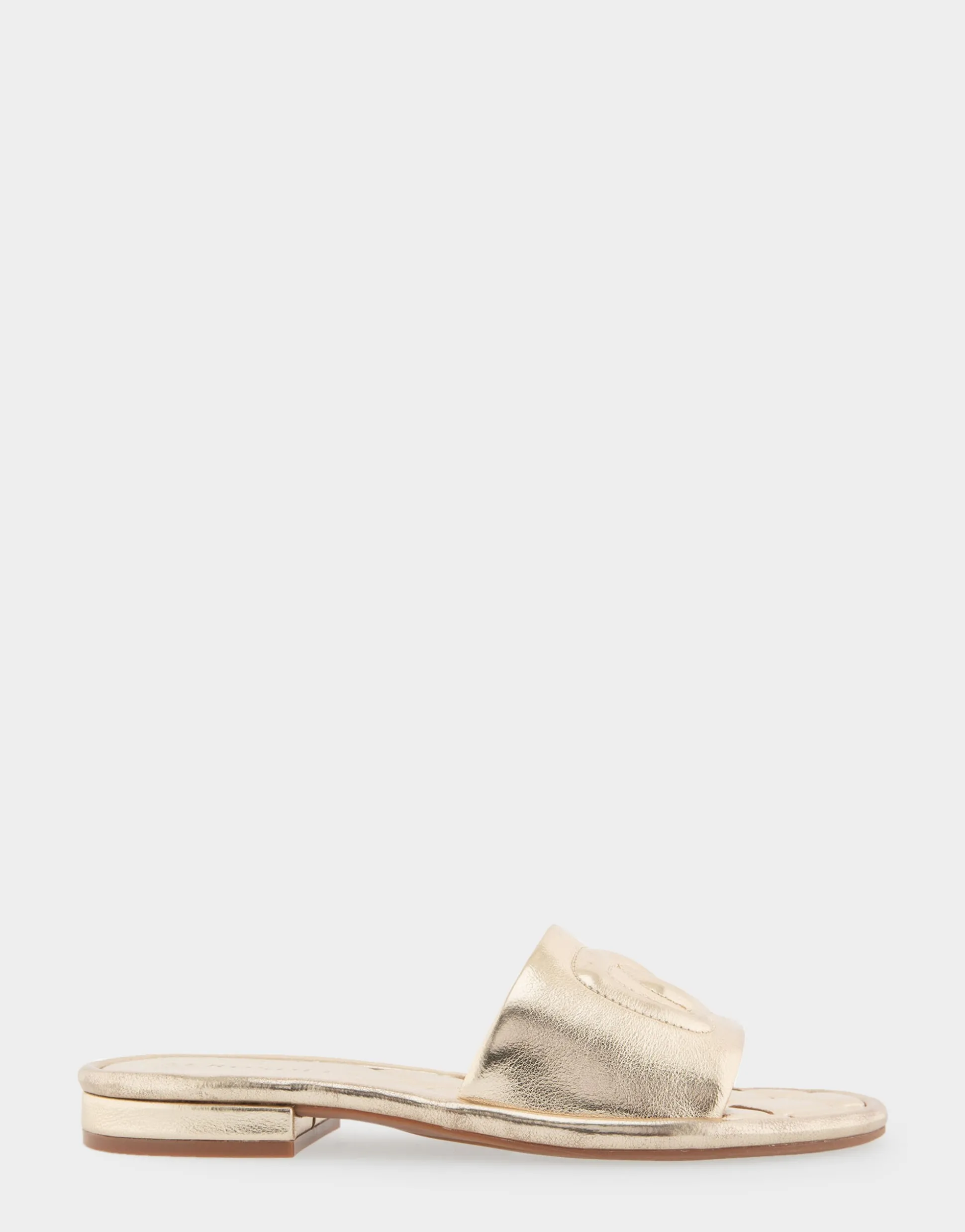 Comfortable Women's Debossed Chain Link Slide Sandal in Soft Gold Faux Leather