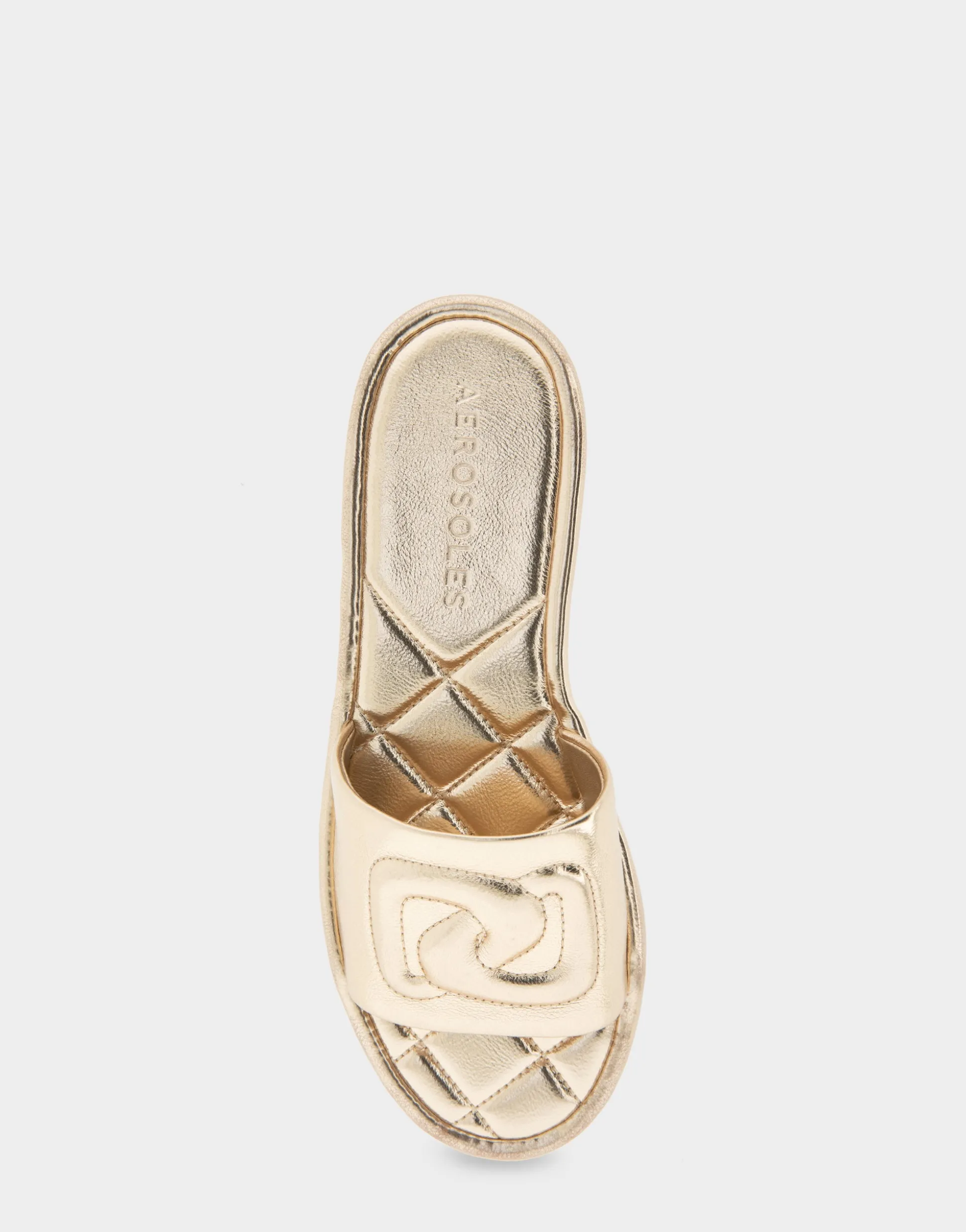 Comfortable Women's Debossed Chain Link Slide Sandal in Soft Gold Faux Leather