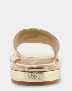 Comfortable Women's Debossed Chain Link Slide Sandal in Soft Gold Faux Leather