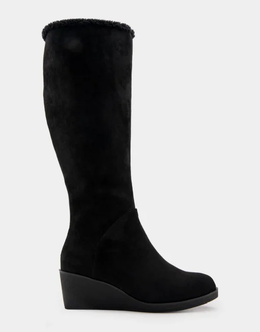 Comfortable Women's Faux Shearling Trimmed Knee High Wedge Boot in Black Faux Suede Faux Suede