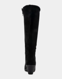 Comfortable Women's Faux Shearling Trimmed Knee High Wedge Boot in Black Faux Suede Faux Suede