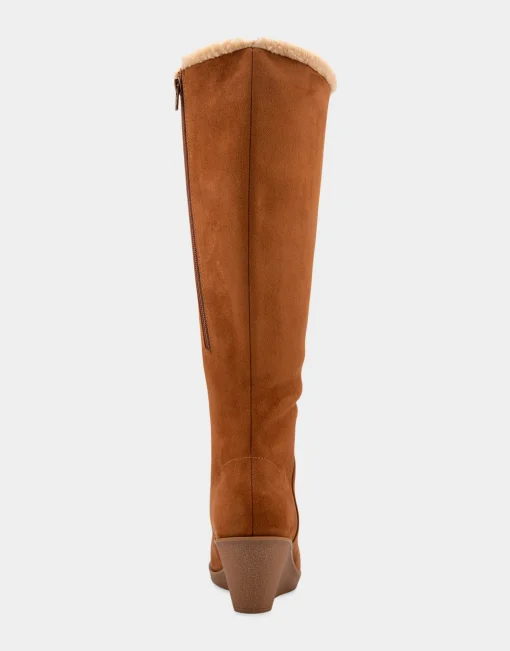 Comfortable Women's Faux Shearling Trimmed Knee High Wedge Boot in Tobacco Faux Suede Faux Suede