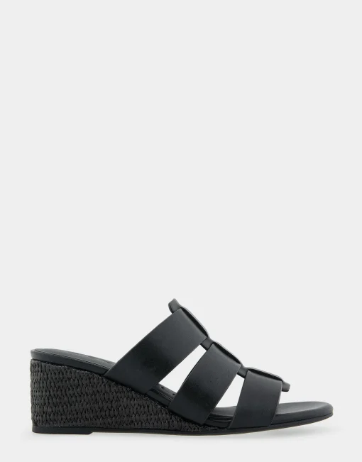 Comfortable Women's Fisherman Mid Wedge Slide in Black Faux Leather