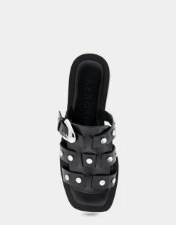 Comfortable Women's Fisherman Flat Slide Sandal in Black Leather