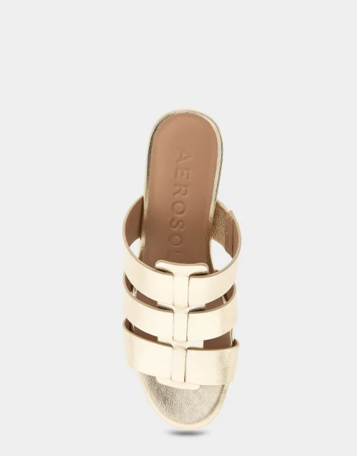 Comfortable Women's Fisherman Mid Wedge Slide in Soft Gold Faux Leather