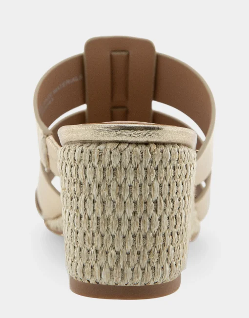 Comfortable Women's Fisherman Mid Wedge Slide in Soft Gold Faux Leather