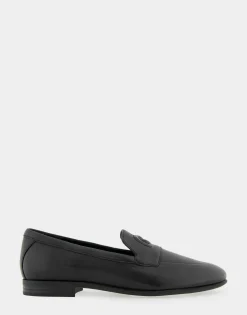 Comfortable Women's Flexible Tailored Debosssed Logo Loafer in Black Leather Leather