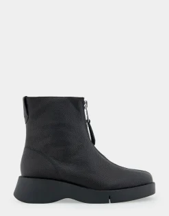 Comfortable Women's Flexible Molded Unit Front Zip Bootie in Black Pebbled Leather
