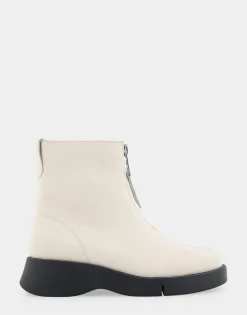 Comfortable Women's Flexible Molded Unit Front Zip Bootie in Eggnog Pebbled Leather