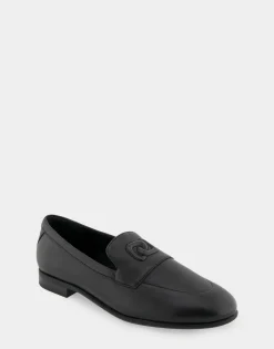 Comfortable Women's Flexible Tailored Debosssed Logo Loafer in Black Leather Leather