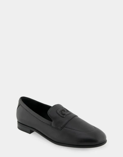 Comfortable Women's Flexible Tailored Debosssed Logo Loafer in Black Leather Leather