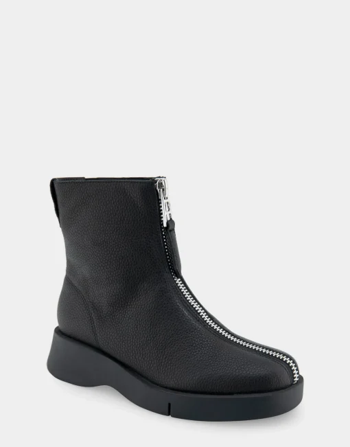 Comfortable Women's Flexible Molded Unit Front Zip Bootie in Black Pebbled Leather