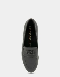 Comfortable Women's Flexible Tailored Debosssed Logo Loafer in Black Leather Leather