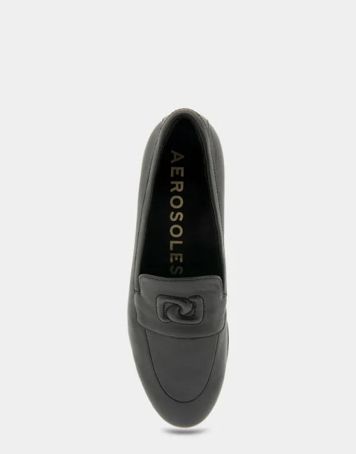 Comfortable Women's Flexible Tailored Debosssed Logo Loafer in Black Leather Leather