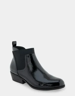Comfortable Women's Gored Ankle Bootie With Pull Tab in Black Crinkled Patent Faux Leather Patent Faux Leather