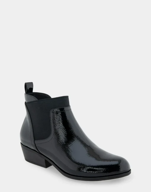 Comfortable Women's Gored Ankle Bootie With Pull Tab in Black Crinkled Patent Faux Leather Patent Faux Leather