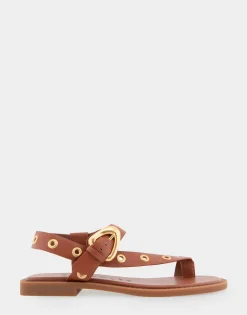 Comfortable Women's Grommeted Asymmetrical Toe Ring Sandal in Gingerbread Faux Leather