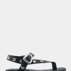Comfortable Women's Grommeted Asymmetrical Toe Ring Sandal in Black Faux Leather