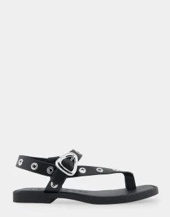 Comfortable Women's Grommeted Asymmetrical Toe Ring Sandal in Black Faux Leather