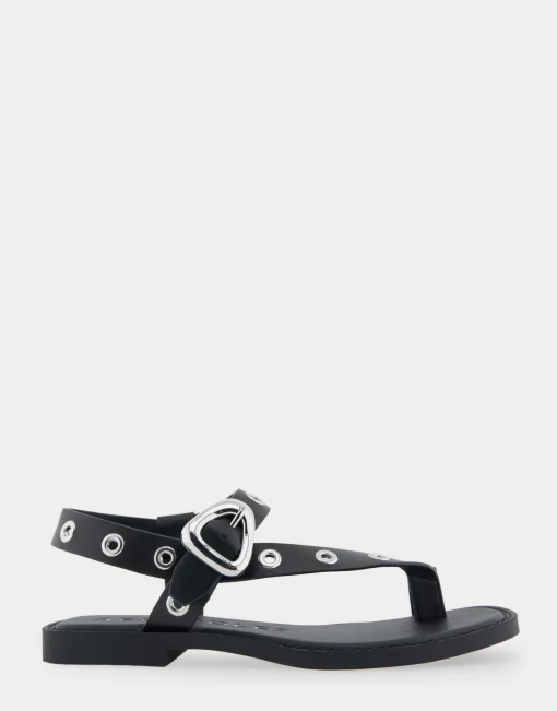 Comfortable Women's Grommeted Asymmetrical Toe Ring Sandal in Black Faux Leather