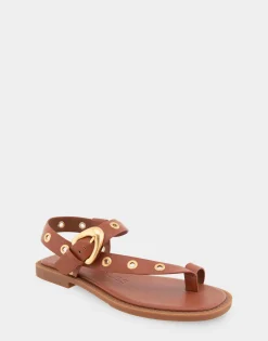 Comfortable Women's Grommeted Asymmetrical Toe Ring Sandal in Gingerbread Faux Leather