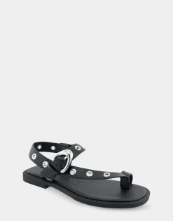 Comfortable Women's Grommeted Asymmetrical Toe Ring Sandal in Black Faux Leather