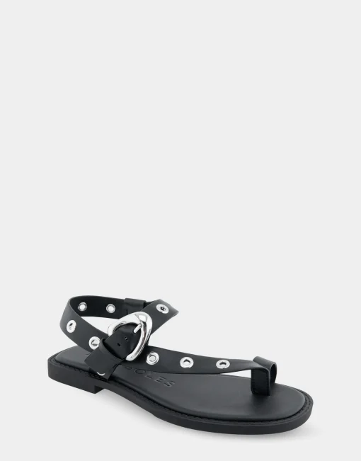 Comfortable Women's Grommeted Asymmetrical Toe Ring Sandal in Black Faux Leather
