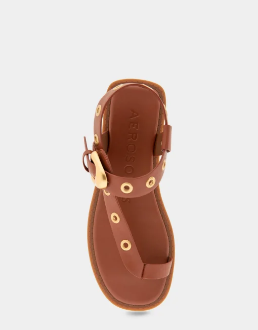 Comfortable Women's Grommeted Asymmetrical Toe Ring Sandal in Gingerbread Faux Leather