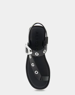 Comfortable Women's Grommeted Asymmetrical Toe Ring Sandal in Black Faux Leather