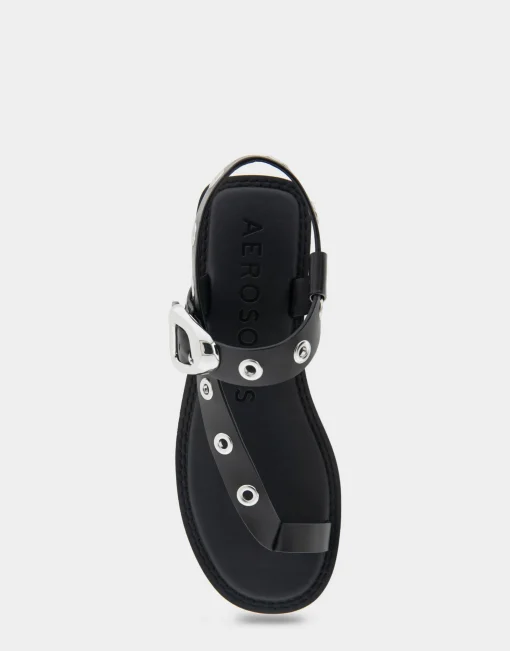 Comfortable Women's Grommeted Asymmetrical Toe Ring Sandal in Black Faux Leather