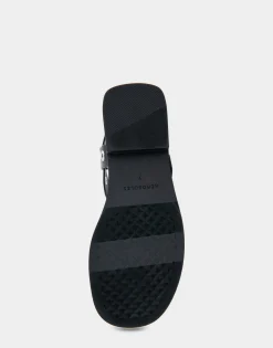 Comfortable Women's Grommeted Asymmetrical Toe Ring Sandal in Black Faux Leather