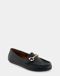 Comfortable Women's Horsebit Driver Moc in Black Pebbled Faux Leather Faux Leather
