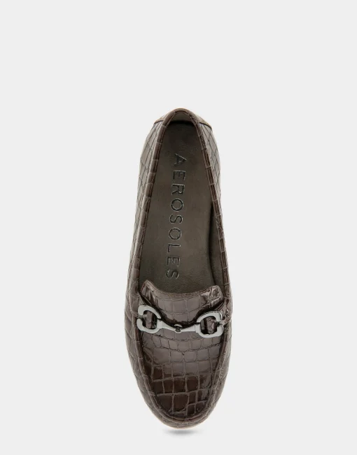 Comfortable Women's Horsebit Driver Moc in Chocolate Croco Faux Leather Croco Faux Leather