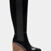 Comfortable Women's Knee High Sculpted Wedge Almond Toe Boot in Black Crinkled Patent Faux Leather