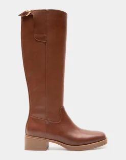 Comfortable Women's Knee High Mini Organic Mono Link Buckle Equestrian Boot in Tan Faux Leather Faux Leather