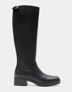 Comfortable Women's Knee High Mini Organic Mono Link Buckle Equestrian Boot in Black Faux Leather Faux Leather