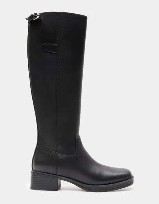 Comfortable Women's Knee High Mini Organic Mono Link Buckle Equestrian Boot in Black Faux Leather Faux Leather