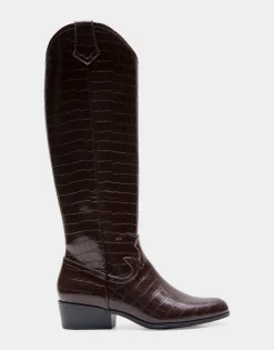 Comfortable Women's Knee High Western Boot in Java Croco Faux Leather