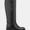 Comfortable Women's Knee High Pull On Clean Moto Boot in Black Pebbled Leather Leather